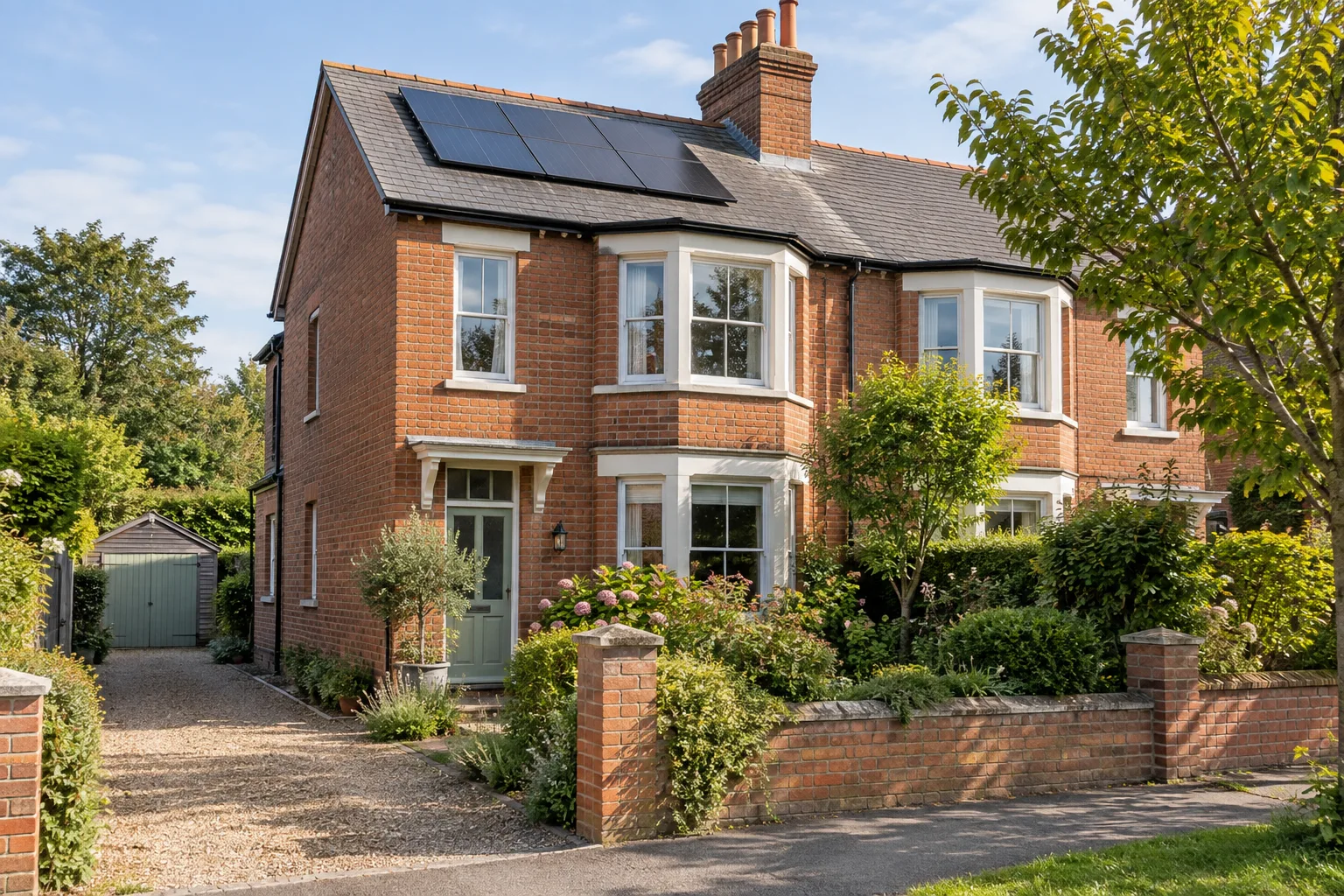 A red brick British home with rooftop solar panels and a leafy front garden